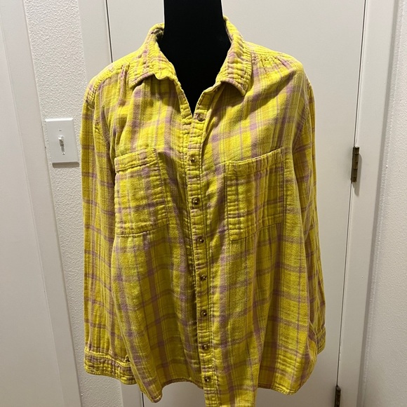 Seen Worn Kept Tops - Seen Worn Kept Oversized Yellow Plaid Gauze Flannel Shirt L/XL